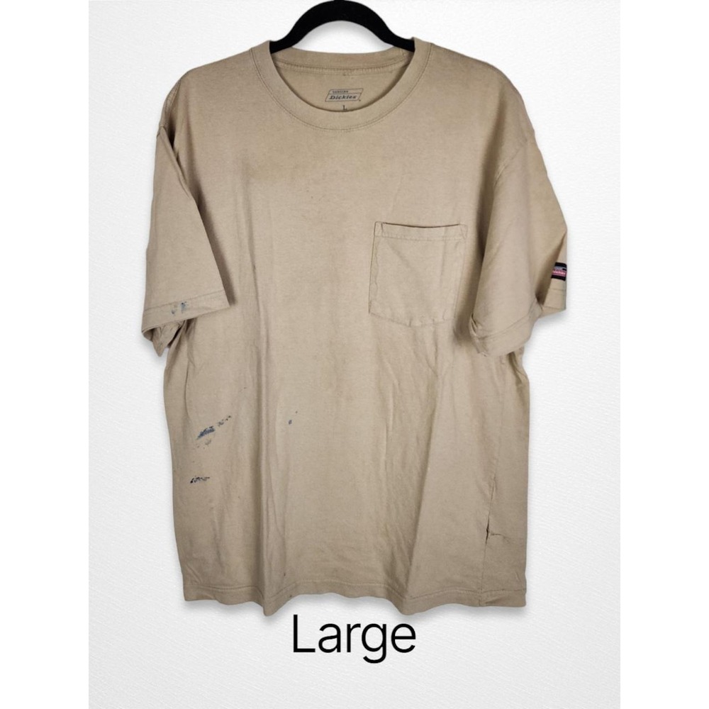 Dickies Mens Pocket T-Shirt Tan Khaki Short Sleeve Workwear Tee Large Distressed